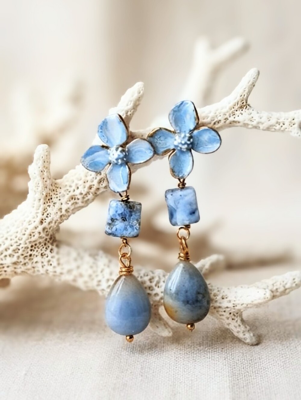 Santorini Inspired Blue Handpainted Flower, Amazonite, & Larimar In Earrings